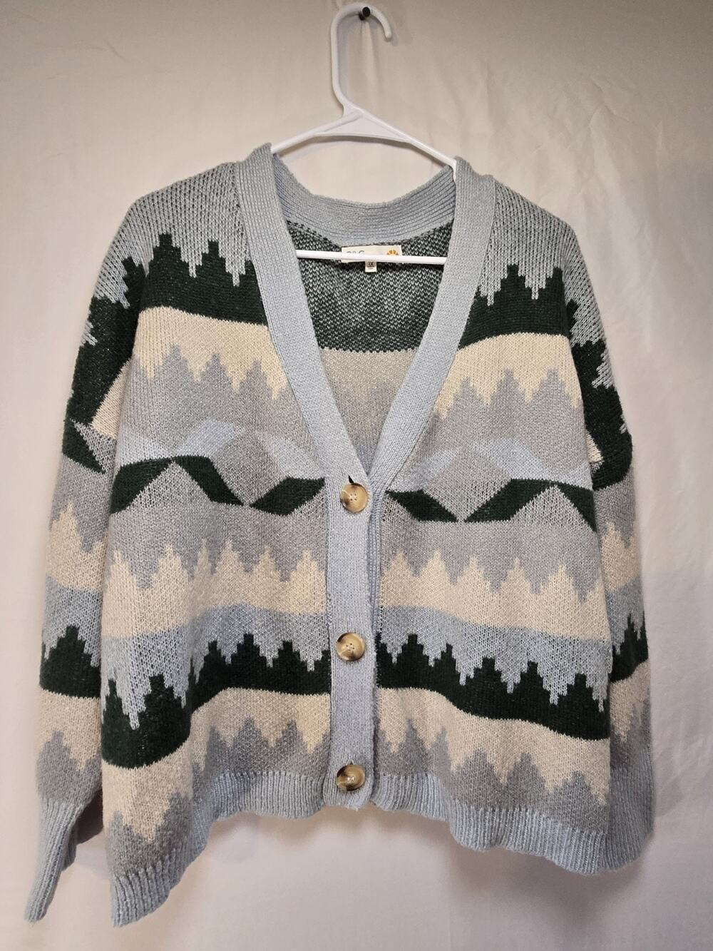C&C Cali US Womens Plus Size 1X Cardigan Sweater Pink Green Gray Geo Pattern